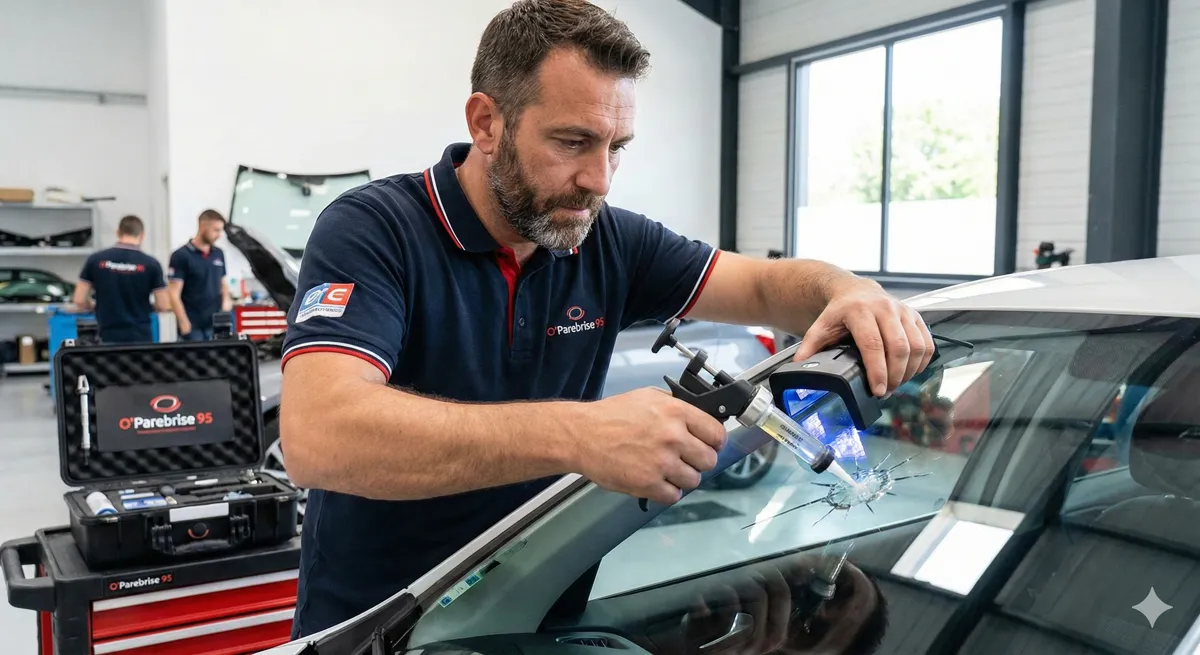 Technicien vérifiant le marquage ECE R43 sur un pare-brise neuf