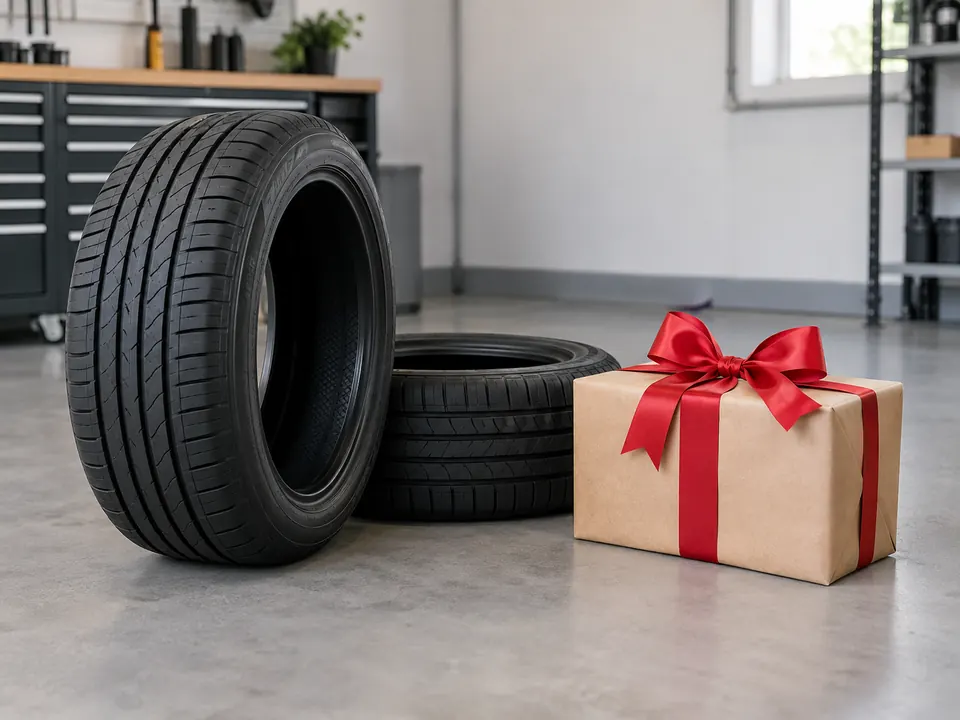 Deux pneus neufs et un paquet cadeau, parmi les cadeaux proposés à la place de la franchise